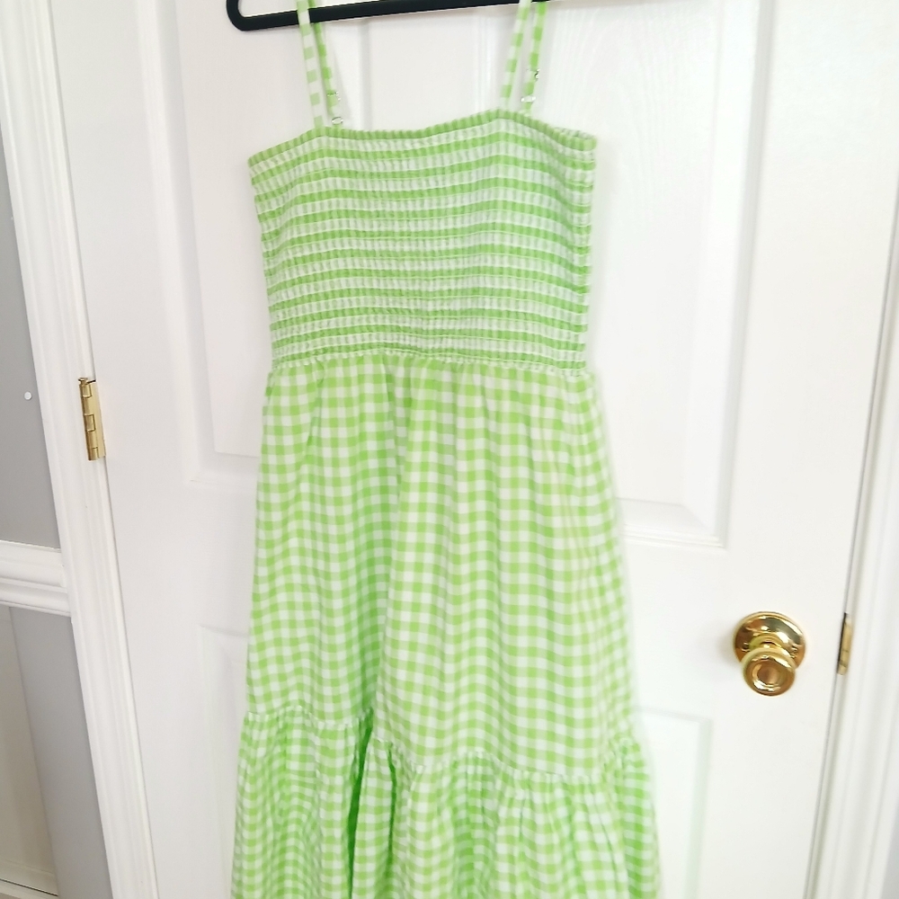 J Crew Lime Green Gingham Sundress with Smocked Bodice Tiered Skirt Midi Resort - Picture 3 of 9